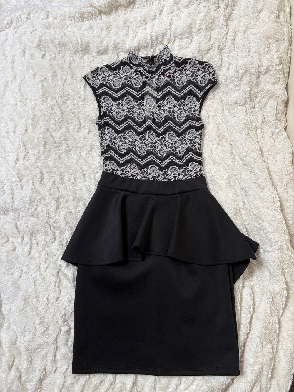 bebe Black and White Lace Peplum Mini Dress